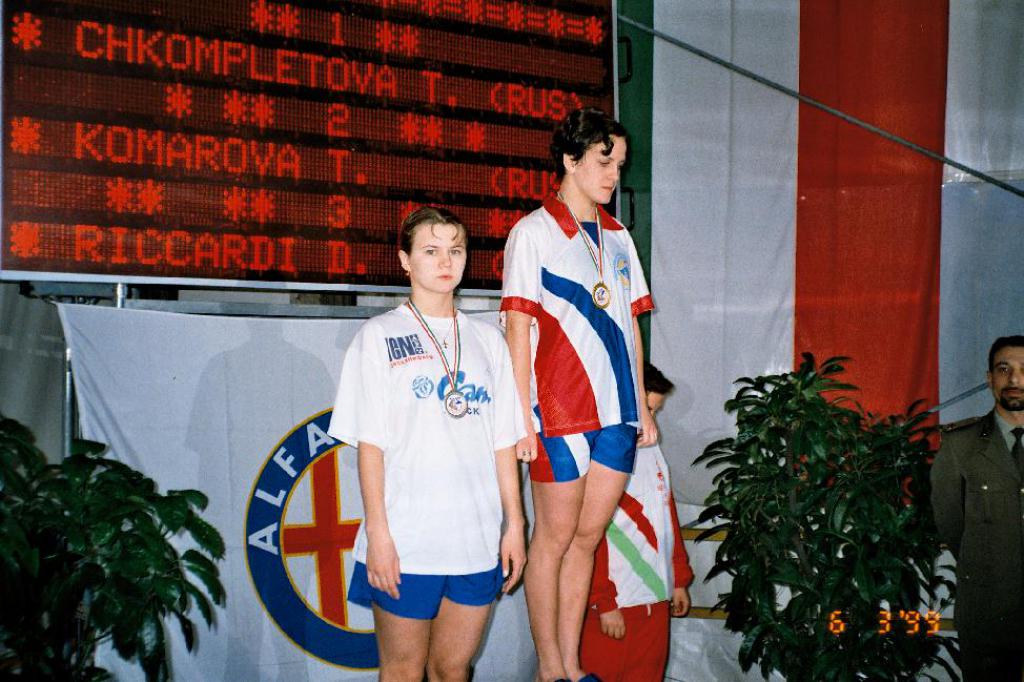 99-16  1999 г.  На втором месте Т.Комарова. V клубный чемпионат Европы по плаванию в ластах (Кубок  CMAS). Рим, Италия.